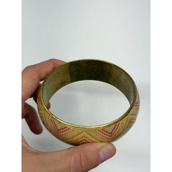 VTG Chevron Zigzag Colorful Rainbow Bangle Bracelet Gold Tone Retro Geometric 3" - Picture 6 of 7